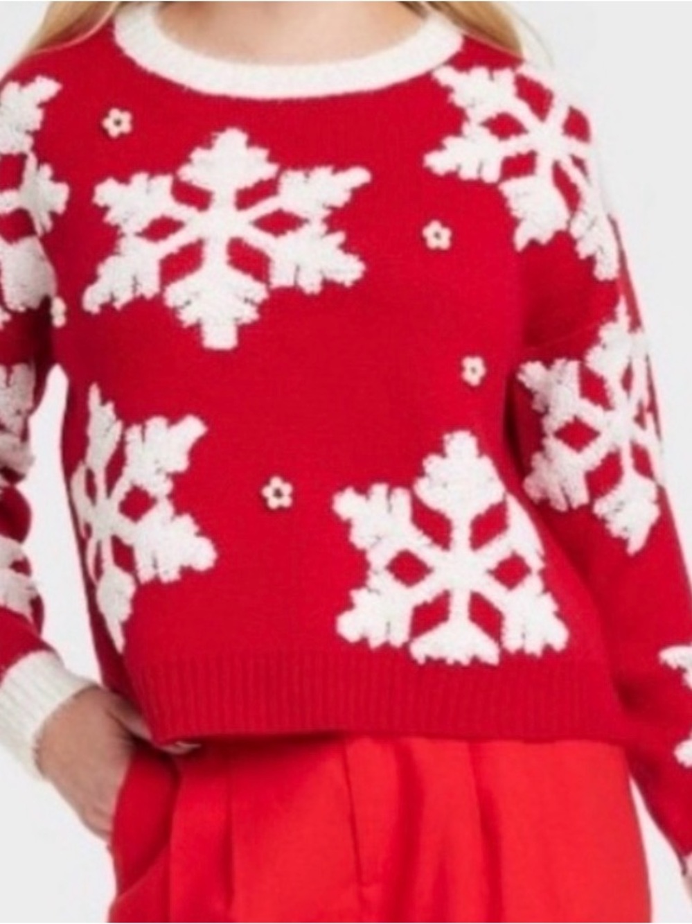 Women's Red Snowflake Crewneck Sweater - Festive Knit - XL